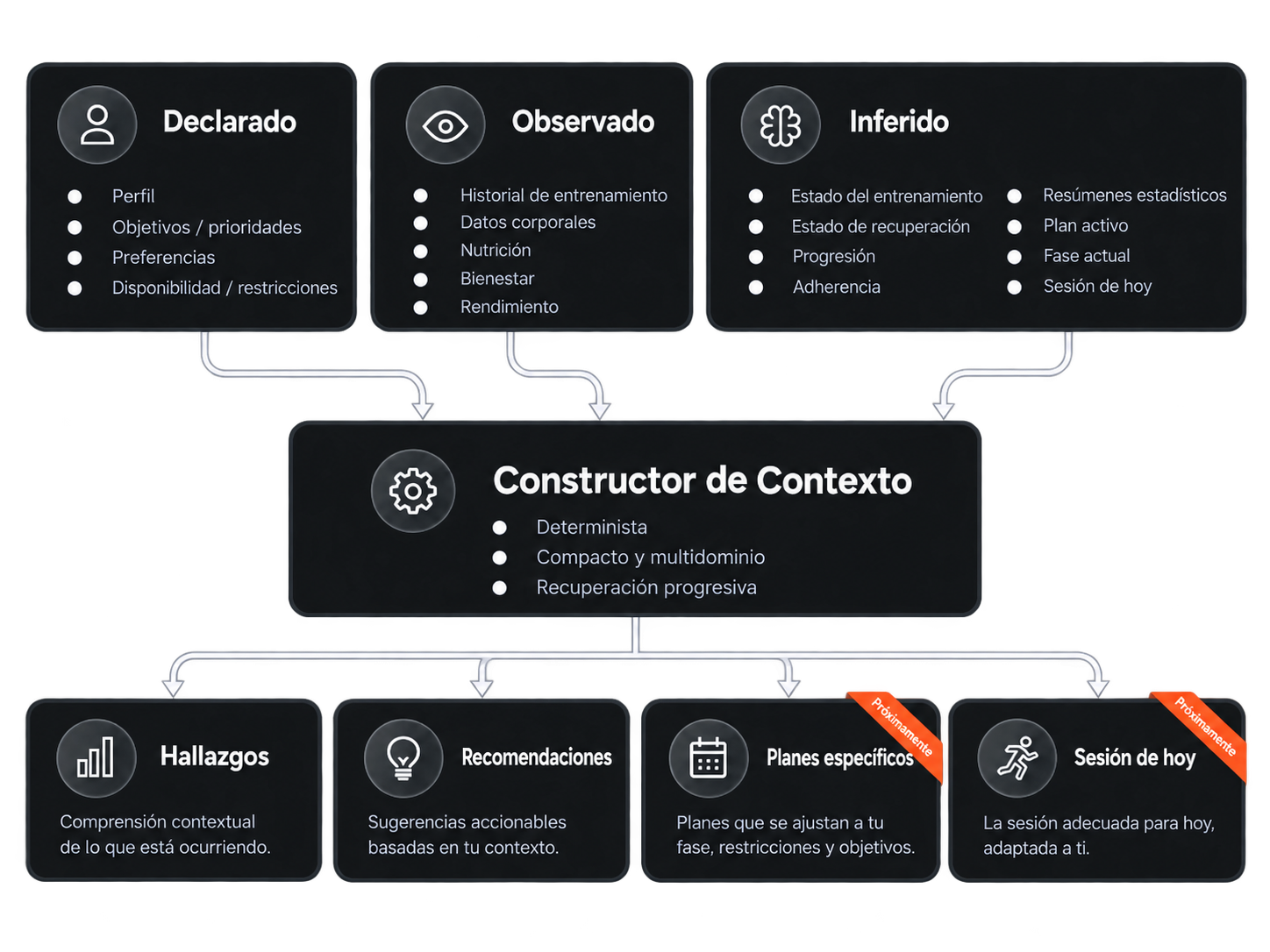 Diagrama que muestra cómo Shape Journey combina tu perfil, tu historial y tu estado actual en una imagen viva y completa de tu recorrido como deportista.
