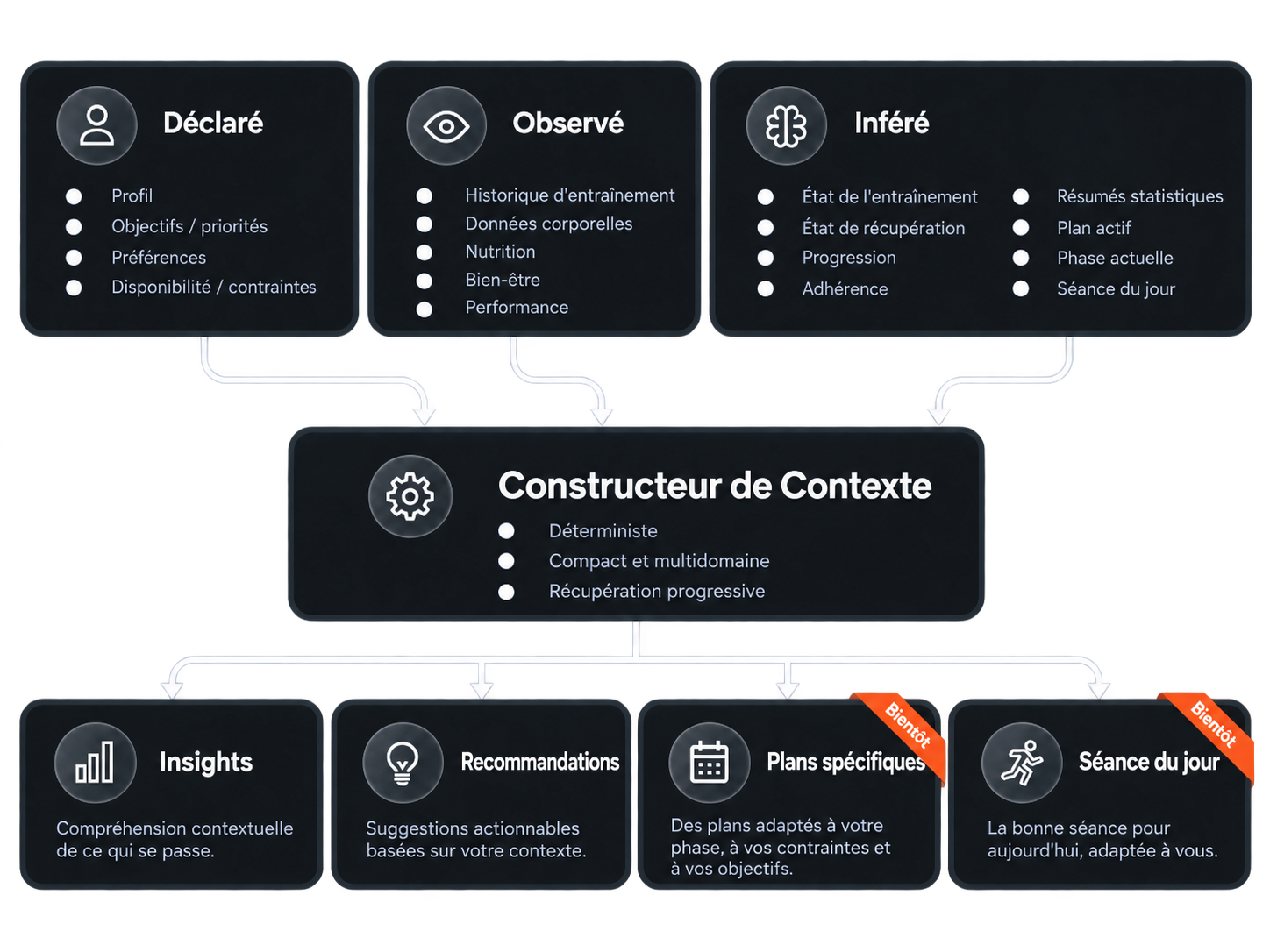 Schéma montrant comment Shape Journey réunit votre profil, votre historique et votre situation actuelle pour créer un portrait vivant de votre parcours d’athlète.