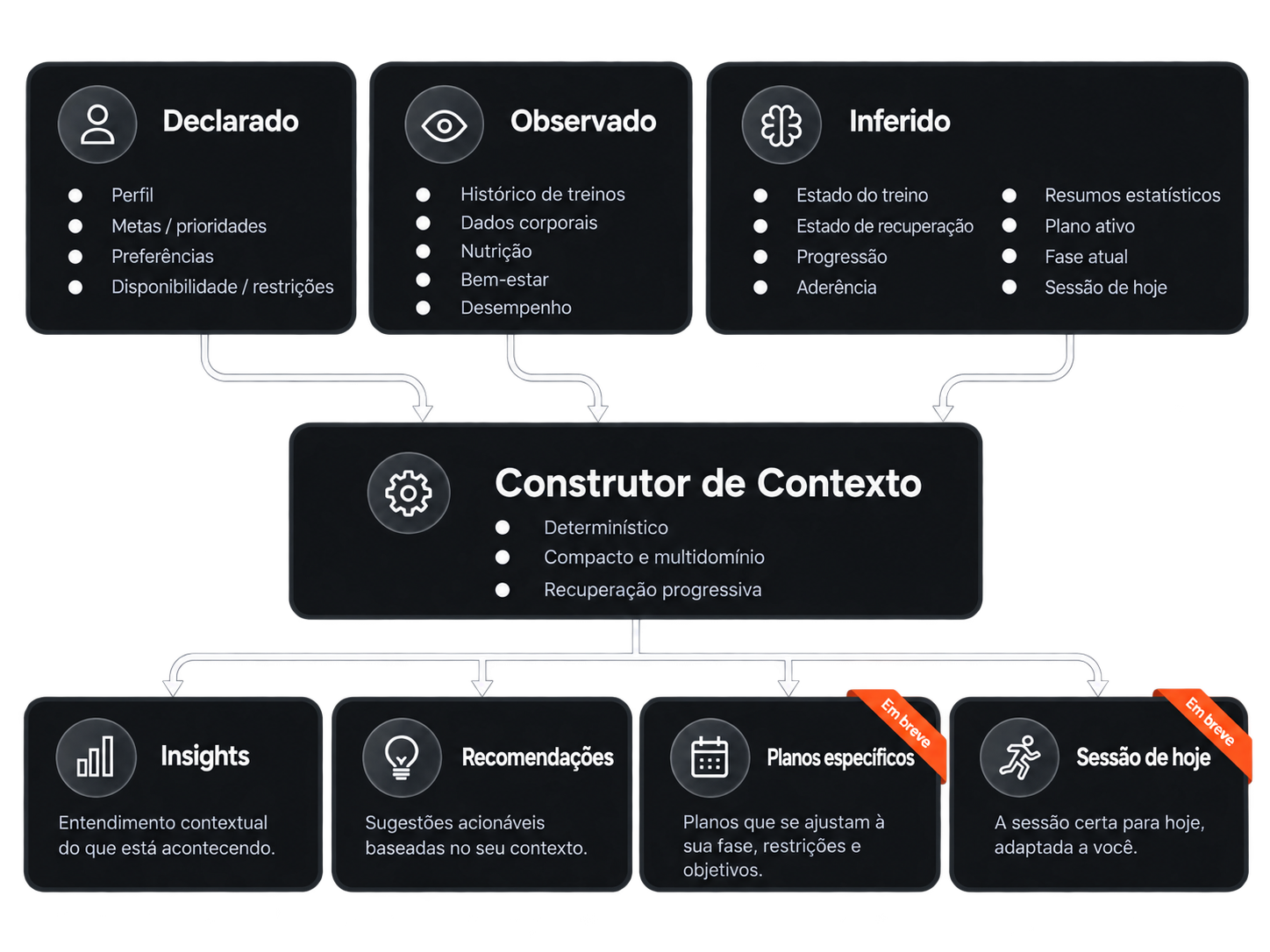 Diagrama que mostra como o Shape Journey combina seu perfil, seu histórico e seu estado atual em um retrato vivo da sua jornada como atleta.