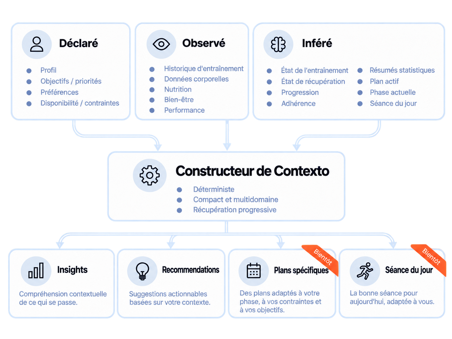 Schéma montrant comment Shape Journey réunit votre profil, votre historique et votre situation actuelle pour créer un portrait vivant de votre parcours d’athlète.