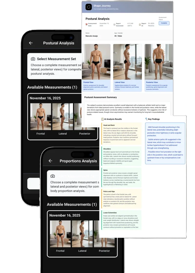 before and after fitness transformation photos side by side with AI analysis overlay showing posture lines and measurements, modern app interface