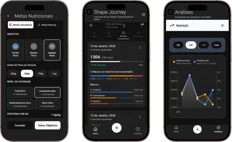 Mockup do progresso de nutrição mostrando interface do app com acompanhamento de calorias e macros