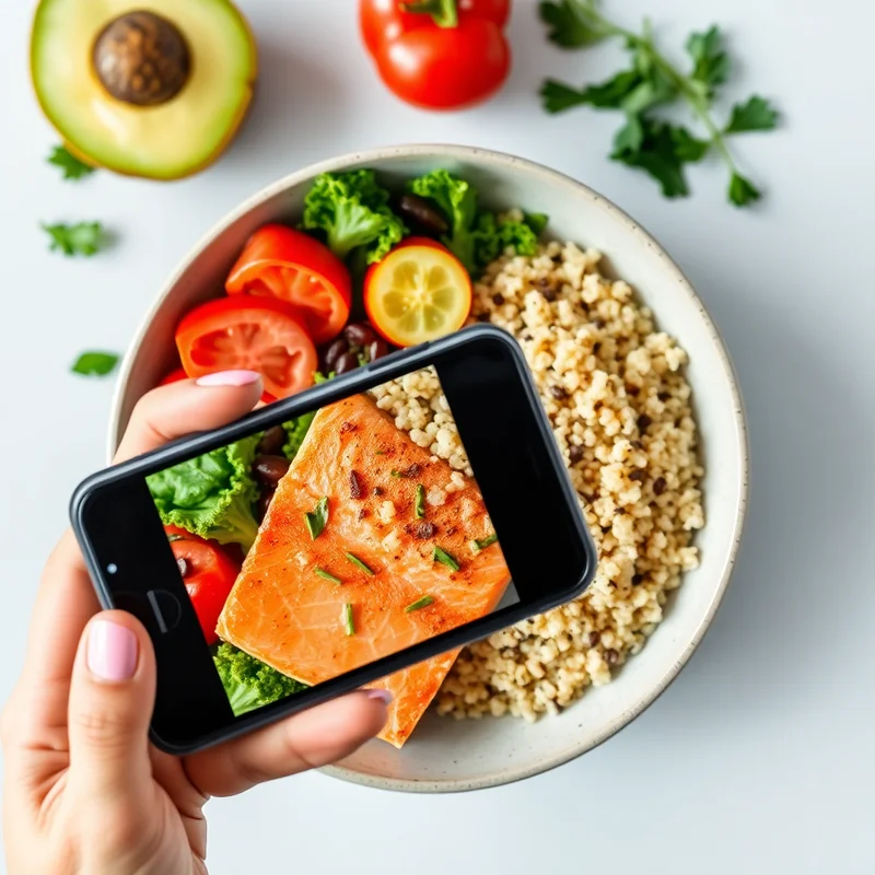 healthy meal bowl with salmon, vegetables and quinoa being photographed with smartphone, top view, vibrant food photography
