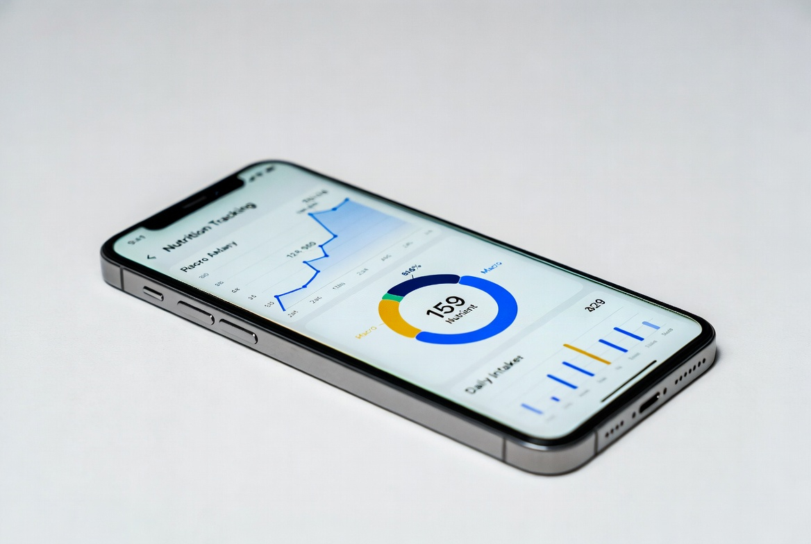 Smartphone displaying nutrition tracking charts for calories and macronutrients