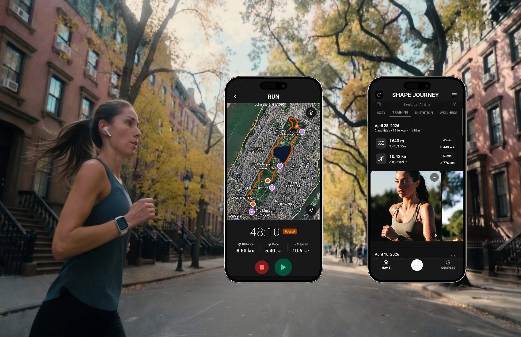 Shape Journey running screen showing pace, distance and workout details