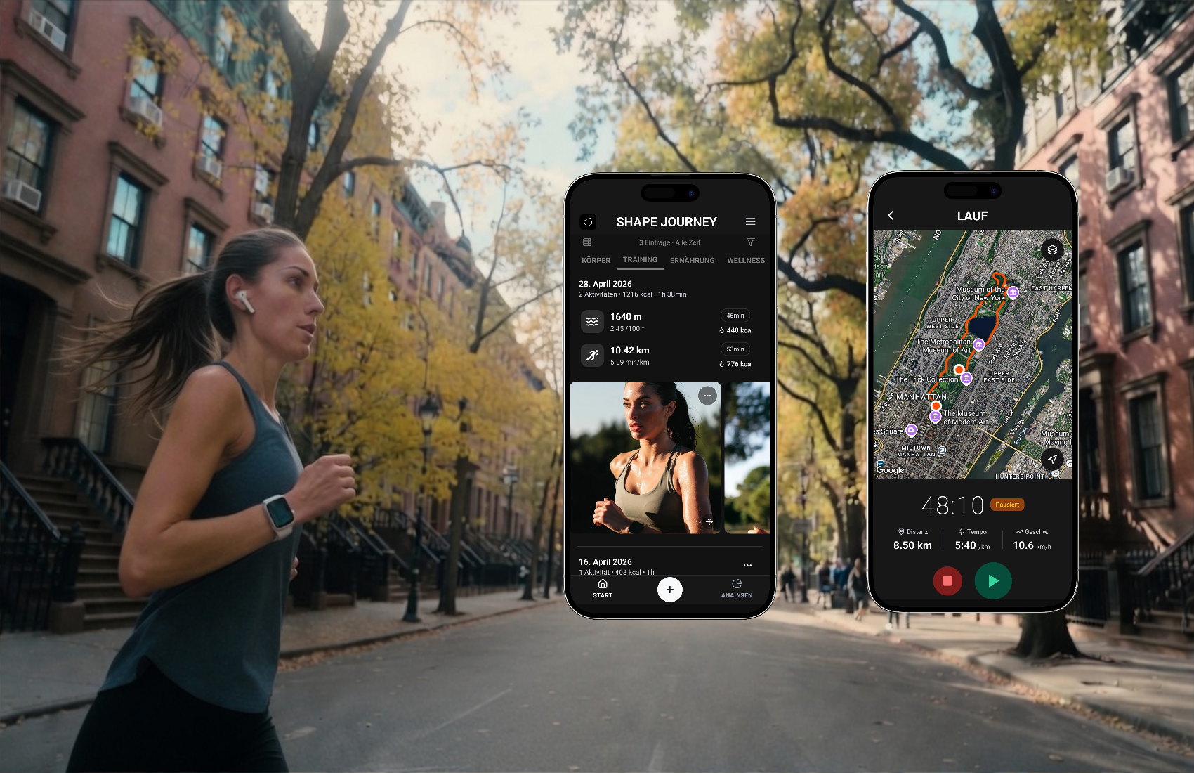 Shape Journey running screen showing pace, distance and workout details