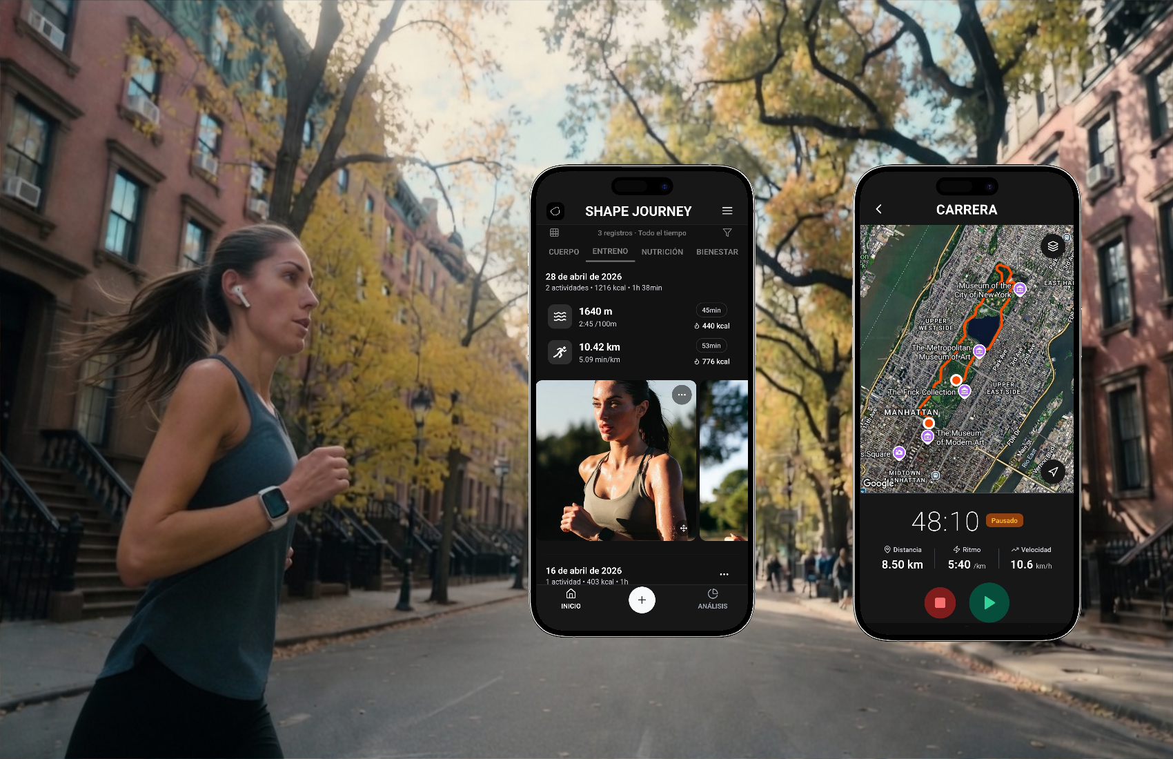 Shape Journey running screen showing pace, distance and workout details