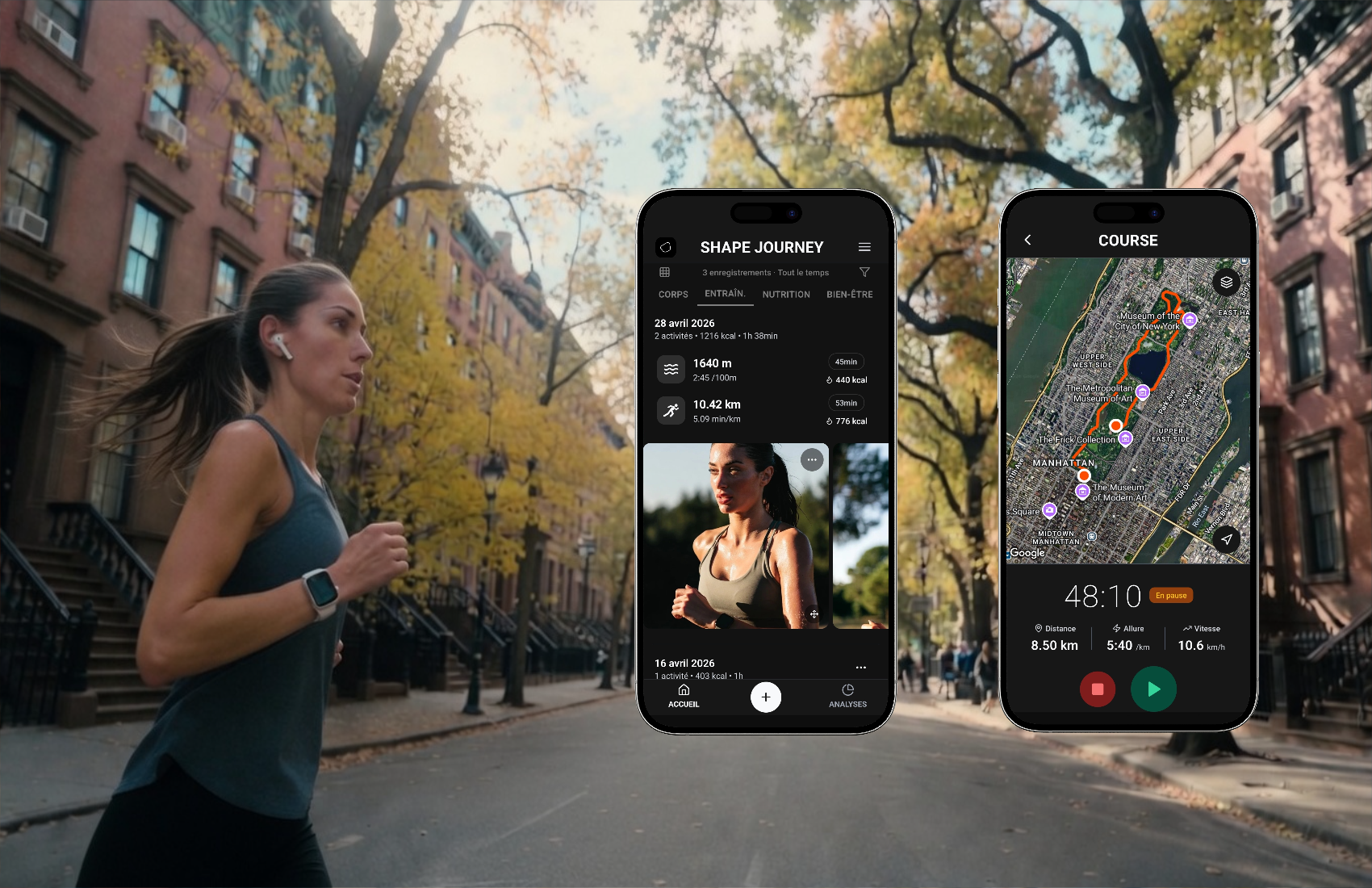 Shape Journey running screen showing pace, distance and workout details