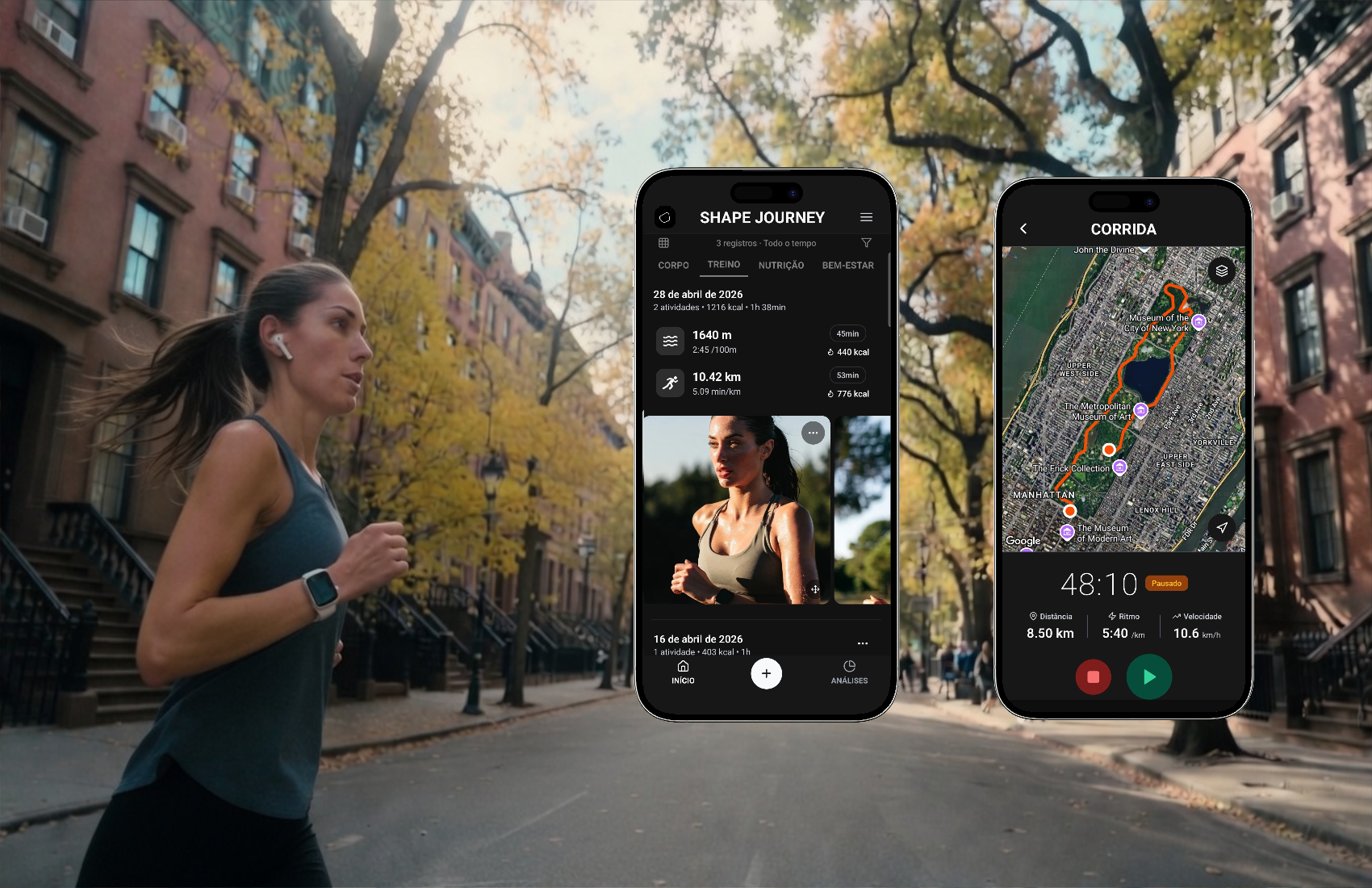 Shape Journey running screen showing pace, distance and workout details