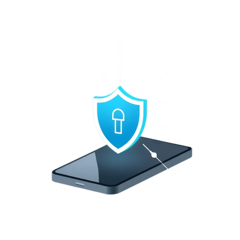 smartphone with security shield icon and lock symbols, data encryption visualization, modern security concept, without background image