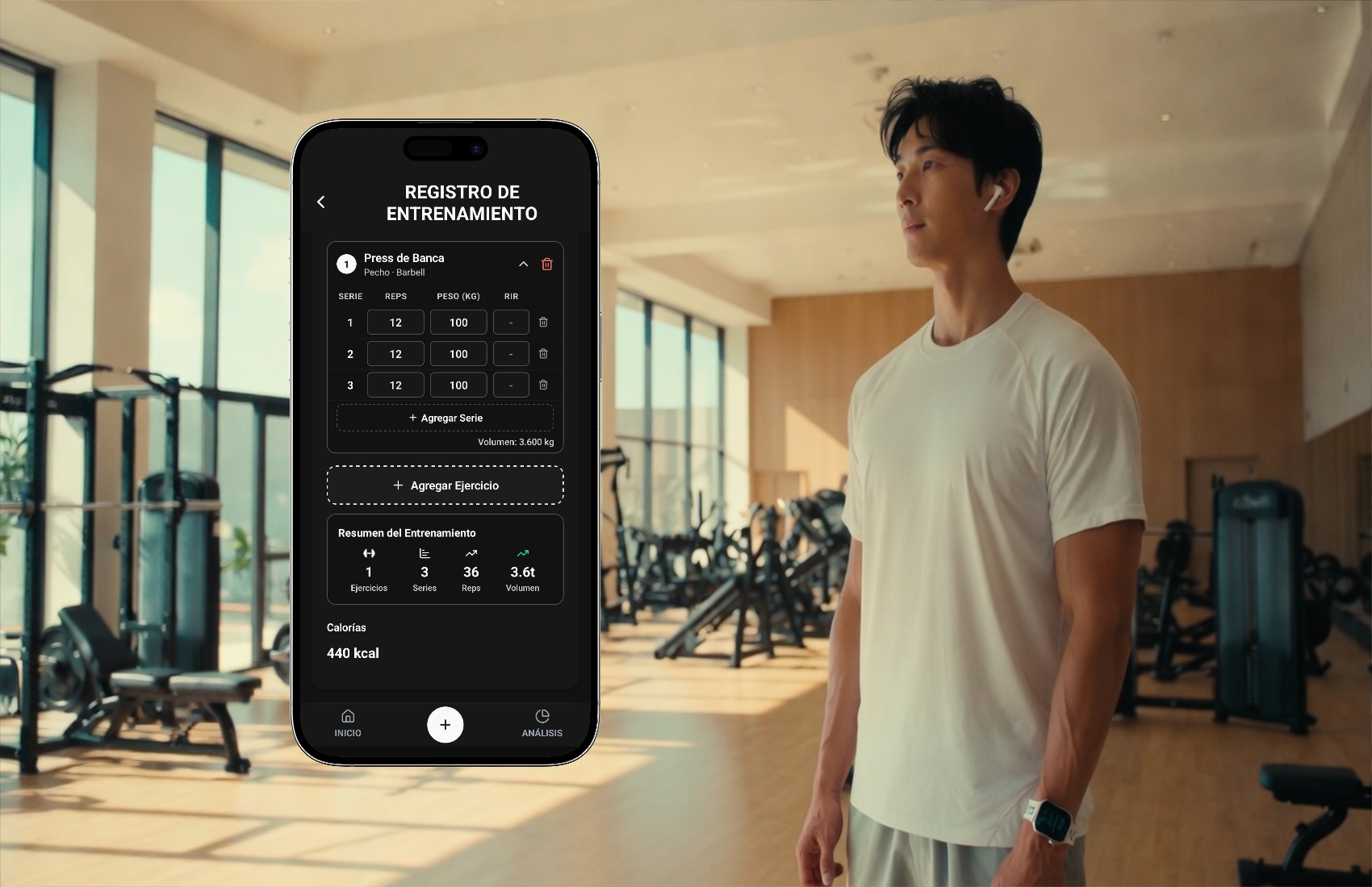 Shape Journey strength training screen showing sets, reps and load