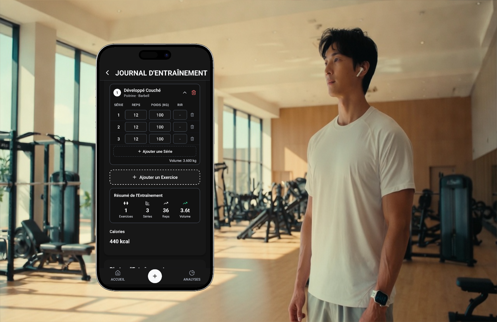 Shape Journey strength training screen showing sets, reps and load
